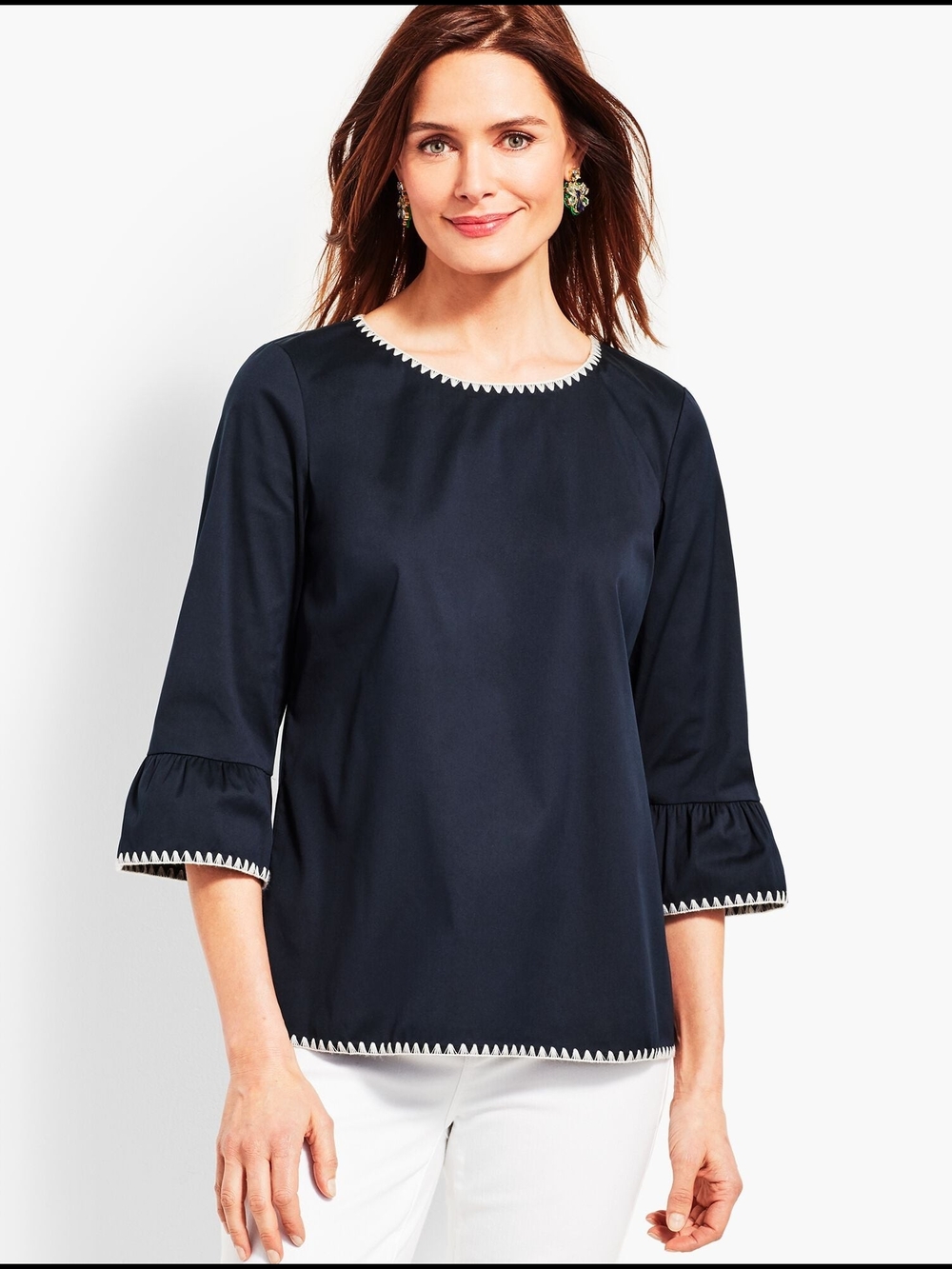Talbots Navy Blouse with White Zigzag Trim
